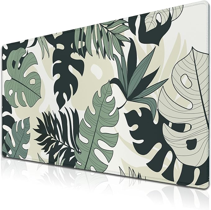 Large Mouse Pad Long Mousepad Desk Mouse Pads Keyboard Mats Gaming Mouse Mat Non-Slip Rubber Base Waterproof with Stitched Edges 35.4 X 15.7 for Game Office, Monstera Leaves