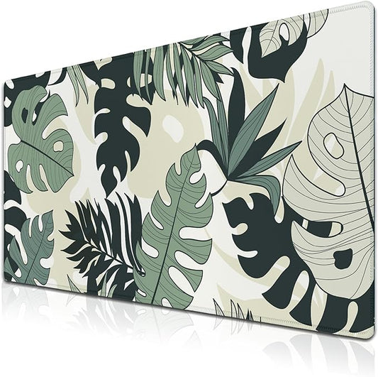 Large Mouse Pad Long Mousepad Desk Mouse Pads Keyboard Mats Gaming Mouse Mat Non-Slip Rubber Base Waterproof with Stitched Edges 35.4 X 15.7 for Game Office, Monstera Leaves