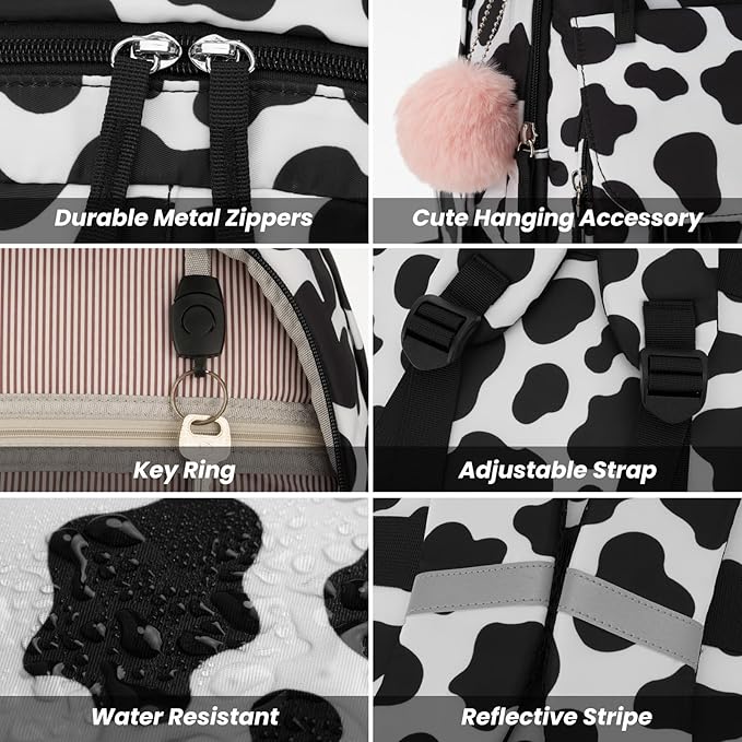 School Backpack for Teen Girls, Cute College Backpacks for Women Students Aesthetic Bookbag Large 15.6 Inch Laptop Bag Middle School Travel Back Pack (Cow Print Black)