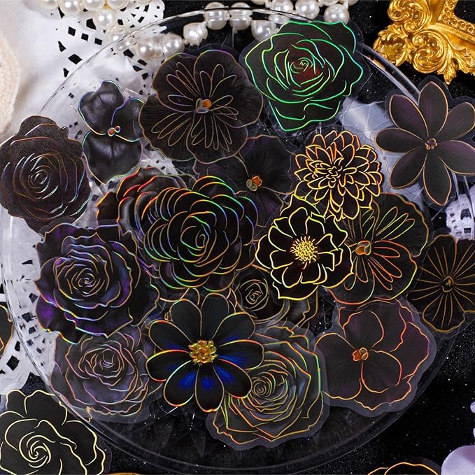120 Pieces Gothic PET Stickers for Journaling Adults, Black Rose Flowers with Gold Foil Edges, Floral Sticker for Scrapbooking, Junk Journal, Bujo, Collage, Planners, Card Making