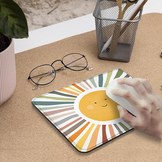 Boho Colorful Rainbow Sun Mouse Pad,Cute Rainbow Sunshine Mouse Pads Mousepad for Desk Home Office Dorm Computers Laptop, Boho Sun Office Supplies Desk Accessories, 9.5x7.9 Inch