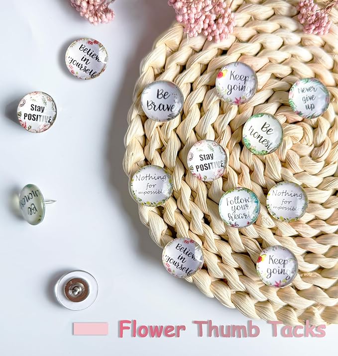 Push Pins,Thumb Tacks,Decorative Push Pins,Cute Thumb Tacks and Pushpins for Bulletin Board, Pin Board for Cork Board,Office Decor,or Home Décor (Floral-Motivational)
