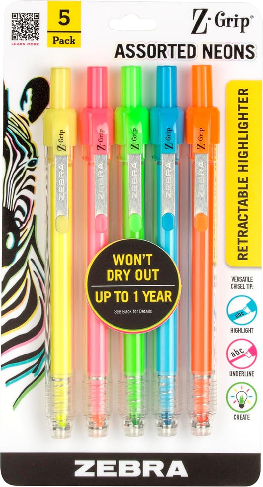 Zebra Pen, Z-Grip Retractable Highlighters, Chisel Tip, Assorted Neon Colors, Visible Ink Supply, Click-Style Retractable Design, Built-In Metal Clip, Ideal for School and Office, 5-Pack (71205)