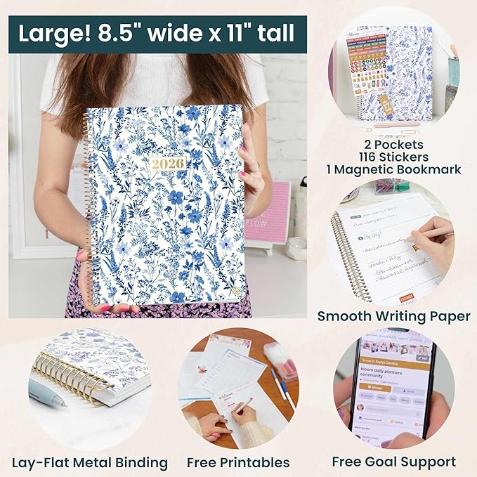 bloom daily planners 2026 Planner (January to December) - 8.5” x 11” Weekly & Monthly Dated Agenda Organizer Book with Stickers & Tabs - Flexible Soft Cover - Blue & White Floral