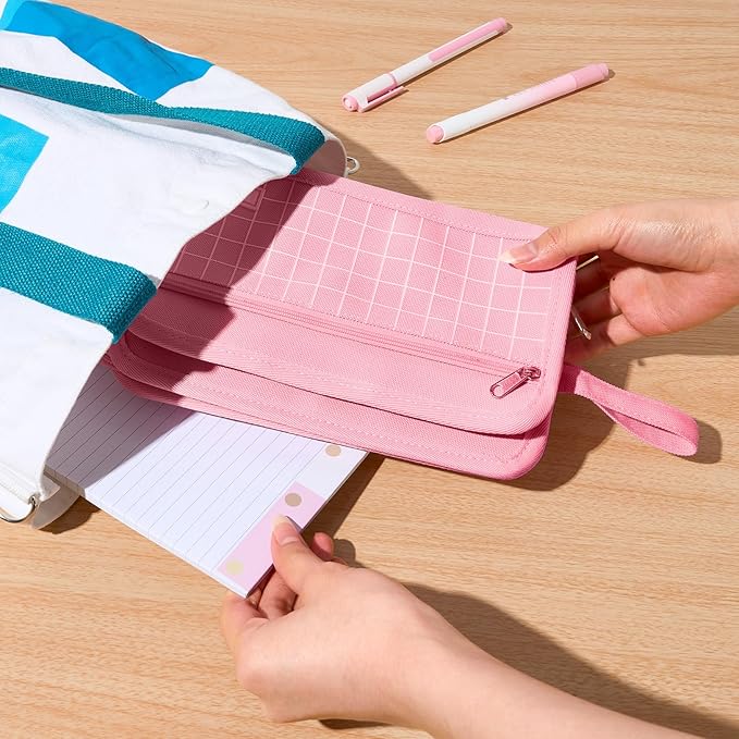 Sooez Large Pencil Case, Big Capacity Pencil Pouch Pen Bag with 3 Compartment, Portable Canvas Stationery Organizer with Zipper, Cute Aesthetic School Supplies for Teen Girls, Celadon with Plaid