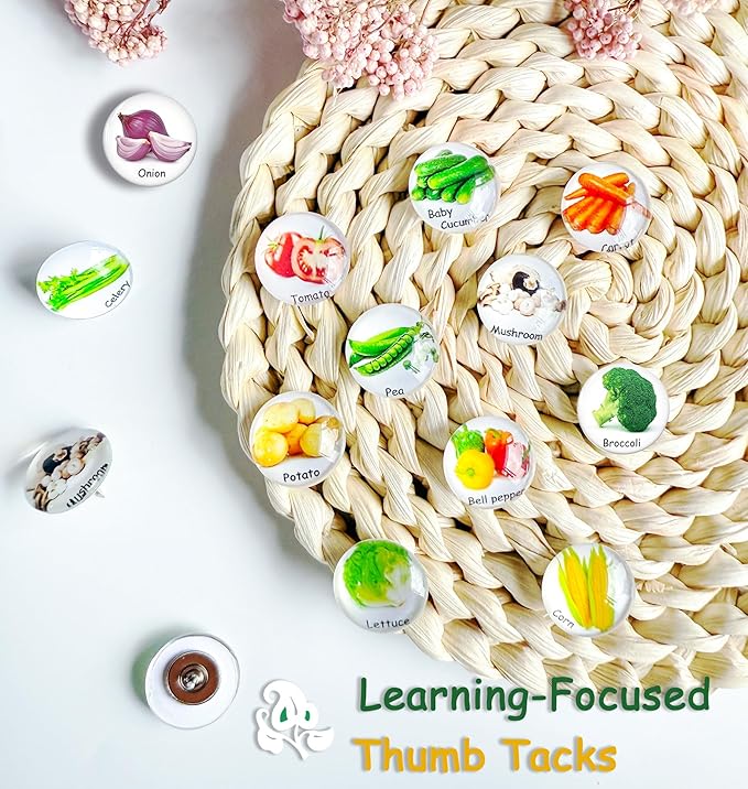Push Pins for Cork Board -24pcs Decorative Push Pins with Case,Cute Thumb Tacks and Pushpins for Bulletin Board, 12 Colors Vegetables Pushpins