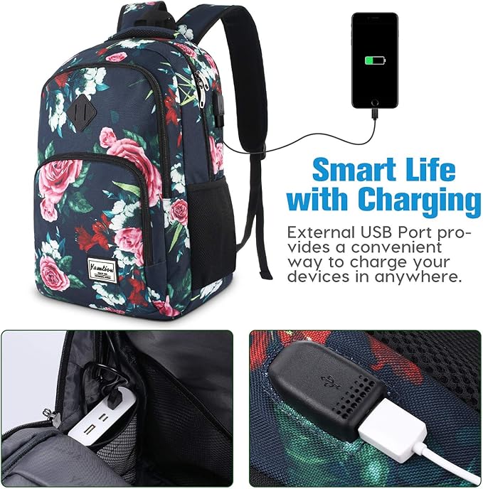 YAMTION Floral Backpack for Teen Girls, School/Travel, 35L, 19x11x6 Inch, USB, Water Repellent
