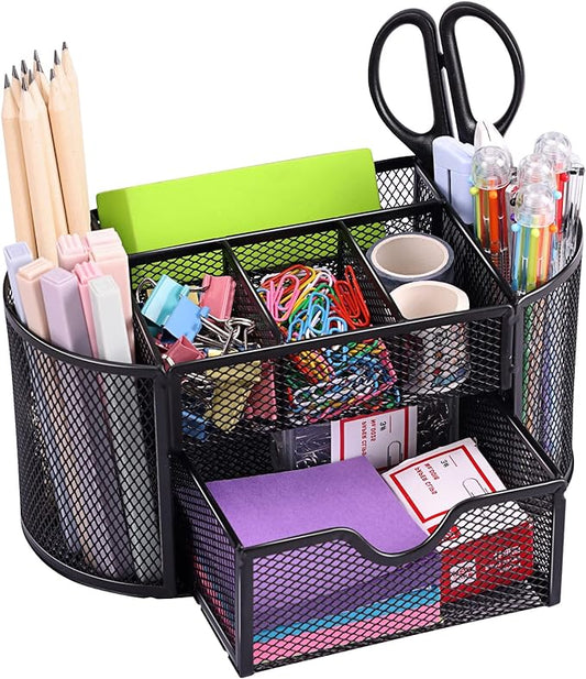 EOOUT Desk Organizer, Pencil Holder for Desk, Mesh Office Desk Accessories with 8 Compartments and 1 Drawer Stationery Holder School Supplies