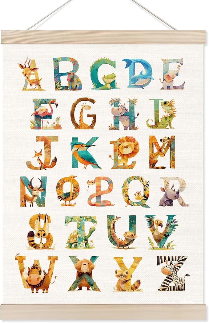 Koesus Wild Animal Alphabet Wall Art Poster Hanger Frame 12x16 Inch, ABC Alphabet Educational Canvas Pictures Prints Framed Wall Decor for Classroom Toddler Kids Room Nursery Preschool Playroom
