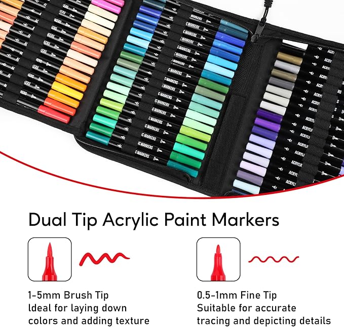 72 Colors Acrylic Paint Markers, Dual Tip with Fine Tip and Brush Tip Pens for Stone, Wood, Calligraphy, Canvas, Ceramic, Metal, Glass, Rock Painting, DIY Crafts Art Supplies Kit