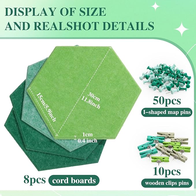 8 Pcs 12" Large Hexagon Felt Cork Board Tiles Self Adhesive DIY Bulletin Board Pin for Office Home Wall Decor Stickers Memos Photos Display with 10 Multi-Color Clip Drawing Pins(Green)