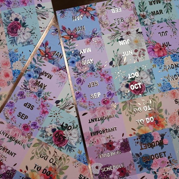 UPAFEXXI-Laminated Planner Monthly Tabs(72 Stickers in Total,24 Month,24 Subject,24 Blank) Calendar Monthly Label Stickers for Planners, Subject Label Adhesive Tabs for Folders, Pages(Floral)