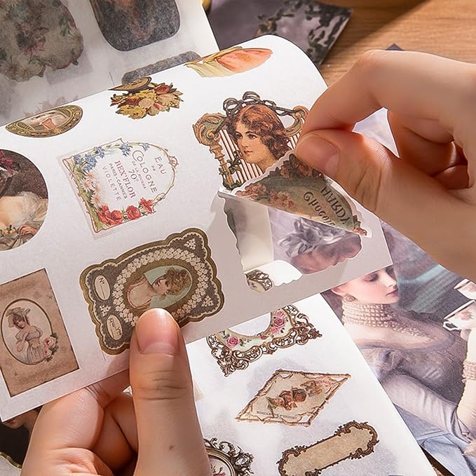 Vintage Scrapbook Sticker Book for Adults, 50 Sheets Aesthetic People Stickers Book for Scrapbooking with 480pcs Washi Stickers and 20 Sheets of Scrapbook Paper Ephemera for Junk Journals Supplies