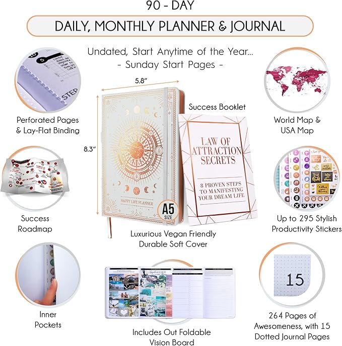 Guided Journal - Gratitude & Mental Health Journal for 5 Minute Daily | 90-Day Undated Planner for Positivity & Manifestation | Guided Mindfulness, Self Care & Reflection | Vision Board + Stickers