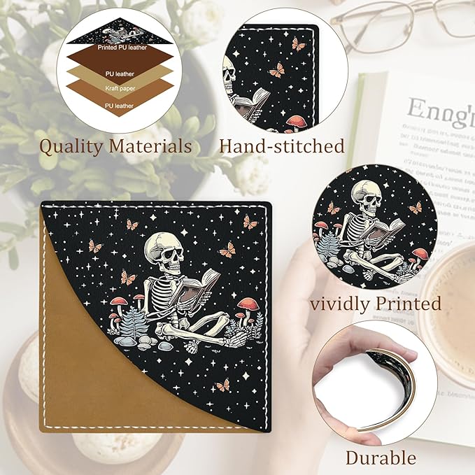 Skeleton Book Corner Bookmarks, Funny Leather Book Accessories for Book Lovers, 3 Pcs Reading Book Page Markers for Women Men Student Teacher Retirement Birthday Gifts