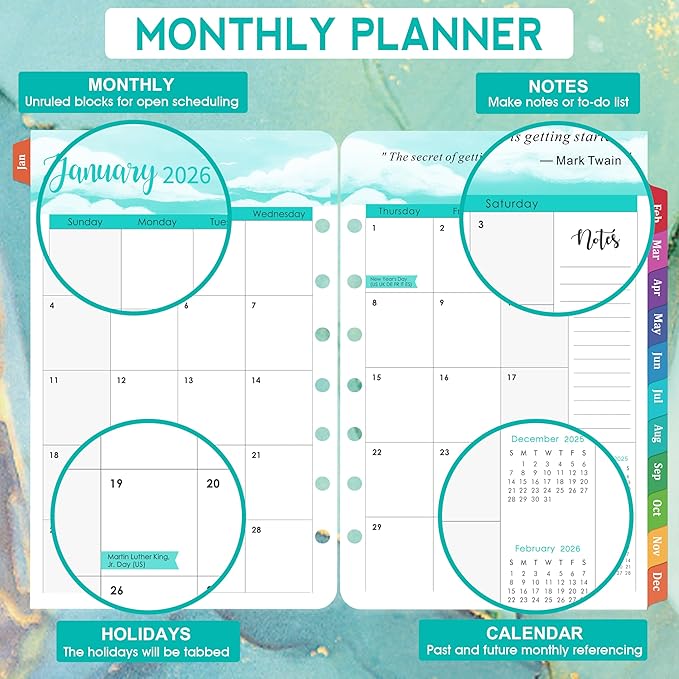 2026 Planner Refills - Planner Refills 2026, JAN 2026 - DEC 2026, A5 Planner Inserts, 2026 Weekly and Monthly Planner Refill, 5.5 x 8.5 inch, 7 Holes - Green