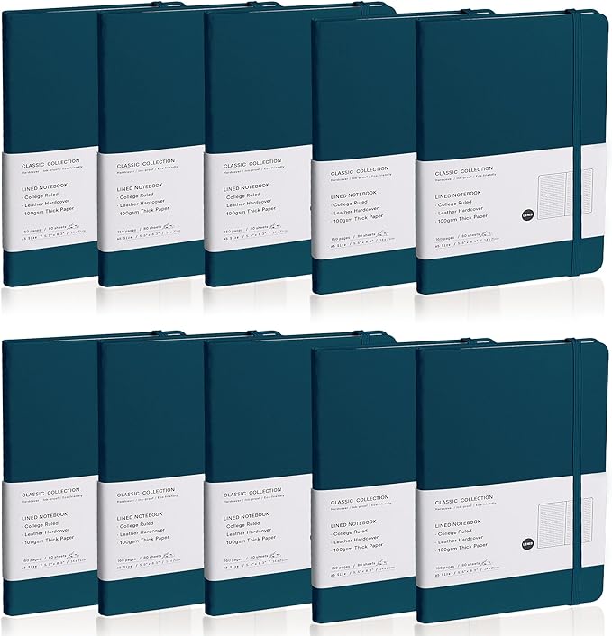 Lined Journal Notebook, 10Pack Hardcover Notebook for Men & Women – Journals for Writing, Work, School, Home & Daily Notes, 160 Pages – Medium A5, 5.7"x8", 100 gsm Thick Paper (Turquoise)