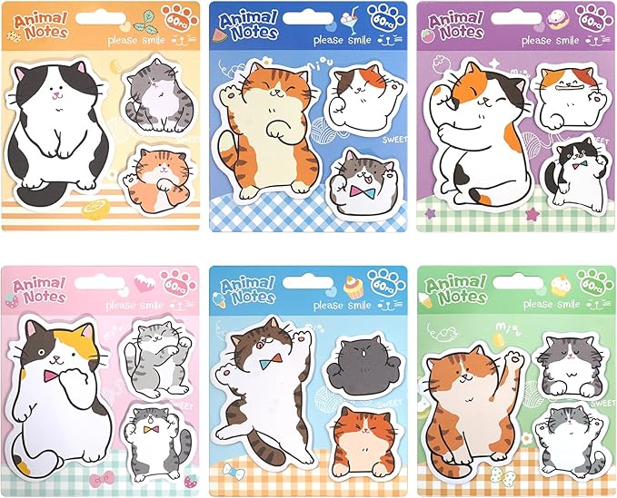 Cute Cat Shaped Sticky Notes Set - 6 Kawaii Animal Memo Note Pads with Cartoon Cats Design - 360 Sheets Themed Stationery Notepad for School, Office Supplies, Gifts for Cat Lovers