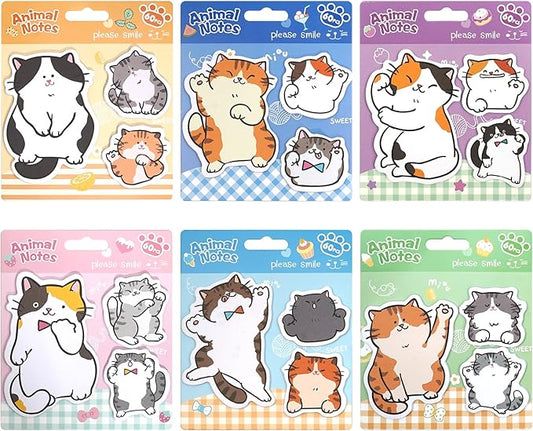 Cute Cat Shaped Sticky Notes Set - 6 Kawaii Animal Memo Note Pads with Cartoon Cats Design - 360 Sheets Themed Stationery Notepad for School, Office Supplies, Gifts for Cat Lovers