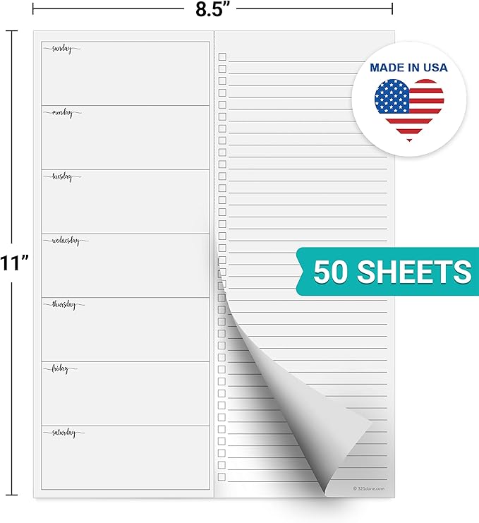 321Done Weekly Plan Checklist Notepad – 50 Sheets (8.5x11) - Large Letter - Made in USA - Two Column, Minimalist To-Do Planning Memo Pad, Simple Planner Schedule Inserts Sunday Start