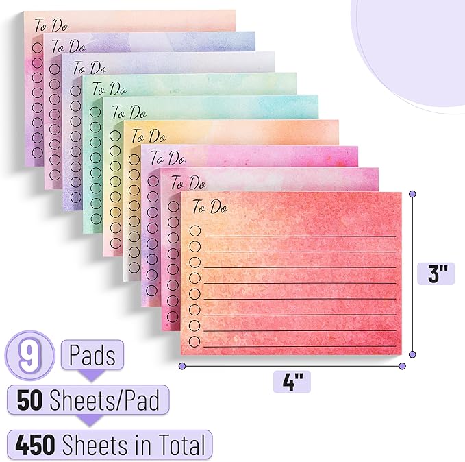 Mr. Pen- to Do List Sticky Notes, 3"x4", 9 Pads, 450 Sheets, Daily to Do List Notepad, Lined Sticky Notes, Watercolor