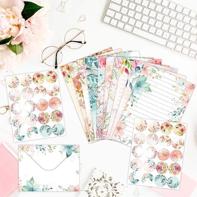 160 Packs Lined Stationery Paper Set (50 Single-Sided Stationery Writing Papers 50 Matching Envelopes) 60 Round Dot Sticker, 10 Designs Vintage Stationary Paper Kit,5.5 x 8.25 Inch. (Vintage Flower)
