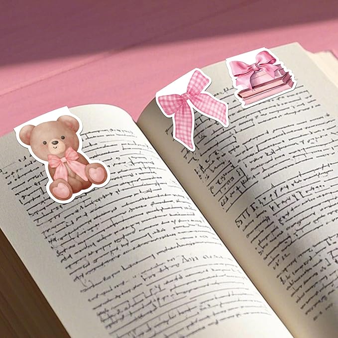 Pink Bows Magnetic Bookmarks, 12 Pcs Girly Magnet Book Mark Clips Gifts for Women Girls Students, Cherry Page Markers, Cute Stationery for Reading Journals Christmas Stocking Stuffers