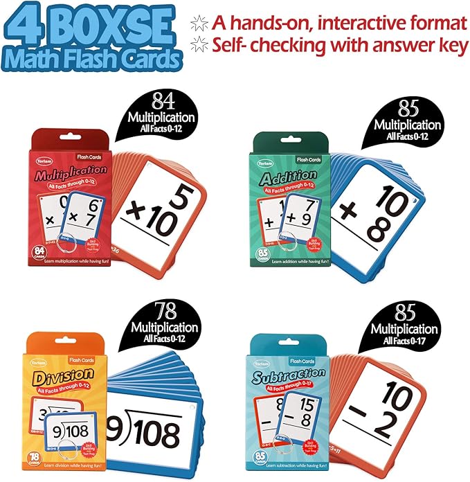 Torlam Multi Math Flash Cards for Kids Ages 4-8 - Addition, Subtraction, Multiplication, & Division - All Facts 0-12 with 4 Rings, Math Games for Kids 6-8 3rd 4th 5th 6th Grade - 332 Cards Total
