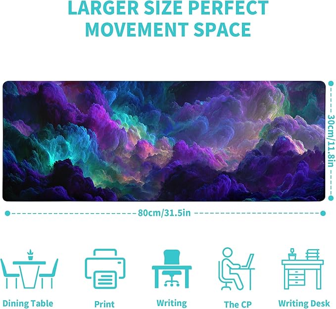 Dazzling Galaxy Gaming Mouse Pad Abstract Blue Desk Mat 31.5x11.8 Inch Starry Sky Texture Non-Slip Rubber Base Large Mousepad Stitched Edges Keyboard Mouse Mat Desk Pad for Office and Home