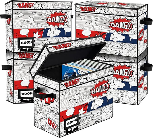5 Pack Comic Book Storage Box, 15.8" X 7.8" X 11.8", Collapsible Holds 160-180 Comic Book Short Box Bin Container Holder Shelf(Cartoon Clock)
