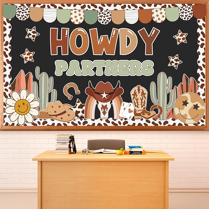 Western Cowboy Bulletin Board Decoration Set Retro Groovy Classroom Decorations Howdy Partners West Cowboy Themed Paper Cutouts for Classroom School Home Wall Chalkboard Office Party Decor Supplies