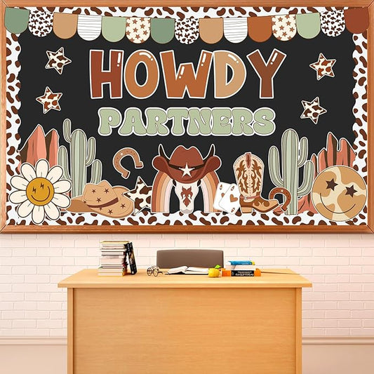 Western Cowboy Bulletin Board Decoration Set Retro Groovy Classroom Decorations Howdy Partners West Cowboy Themed Paper Cutouts for Classroom School Home Wall Chalkboard Office Party Decor Supplies
