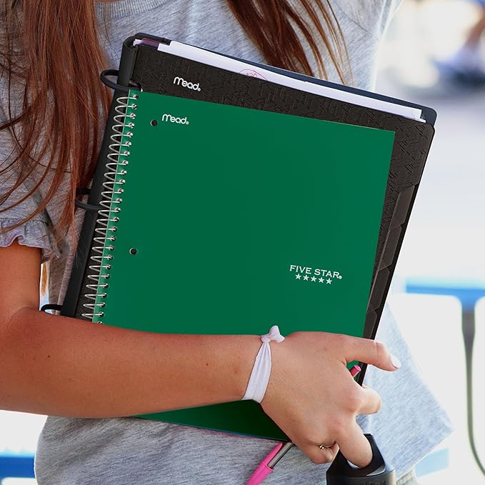 Five Star Spiral Notebook + Study App, 5 Subject, Wide Ruled Paper, 8" x 10-1/2", 200 Sheets, Fights Ink Bleed, Water Resistant Cover, Forest Green (73441)