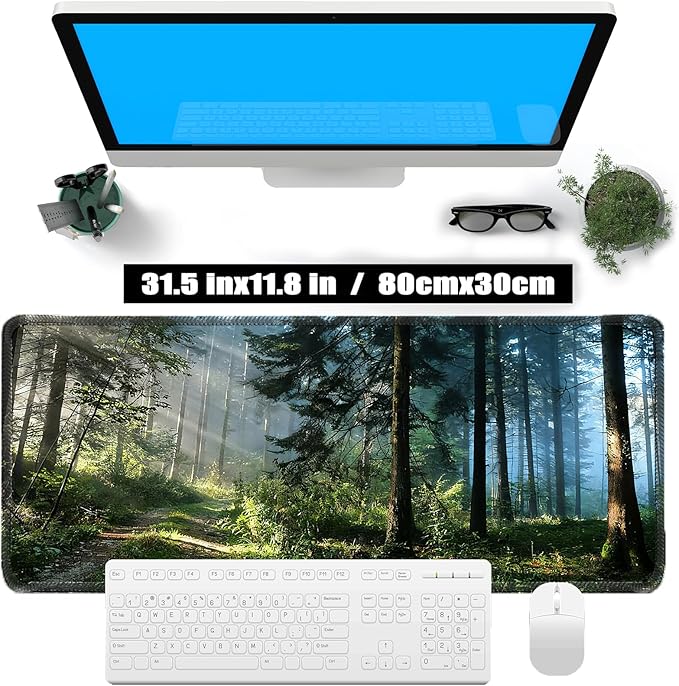 Morning Mist Forest Natural Scenery Mouse pad, Rectangular Micro-Woven Fabric Desk mat with Sewn Edges, Anti-Slip Rubber Base, Suitable for Office laptops, Size 31.5×11.8 in