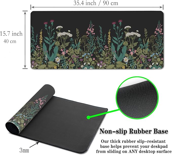 Gaming Mouse Pad Black XXXL Mousepad, Office Desk Pads Keyboard Mouse Pads, Pad for Mouse Non-Slip Rubber Base Waterproof with Stitched Edges, 35.4 X 15.7 in for Work/Game/Office Wildflower