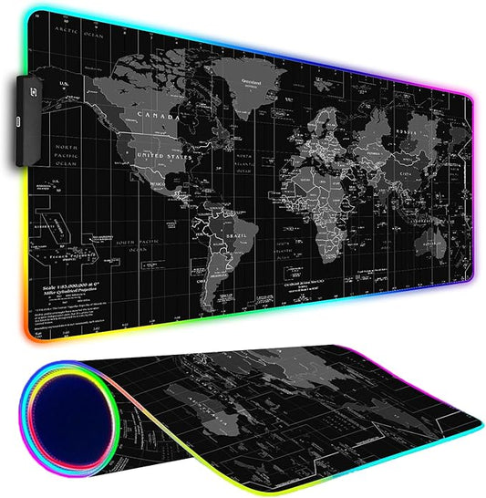 RGB Gaming Mouse Pad, Large Mousepad with Led Light, Gaming Accessories Keyboard Pad for Desk, Non-Slip Rubber Base Big Mouse Mat for Gamer, 31.5 X 11.8 Inch, Black World Map