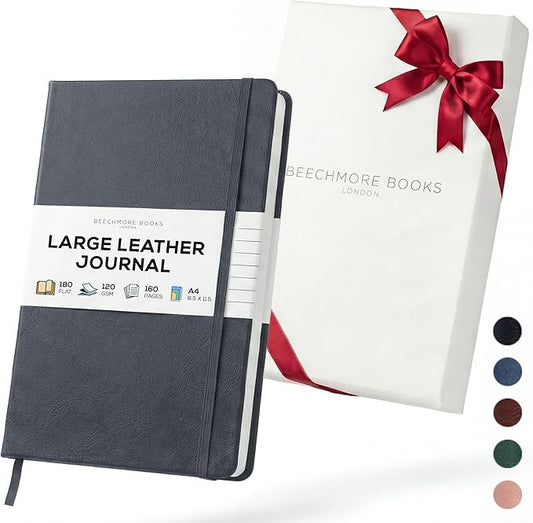 BEECHMORE BOOKS Large Lined Journal Notebook, 8.5" x 11.5" (A4) Hardcover Vegan Leather Executive Diary for Work, Thick 120gsm Paper, Lay-Flat Binding, Gift Box