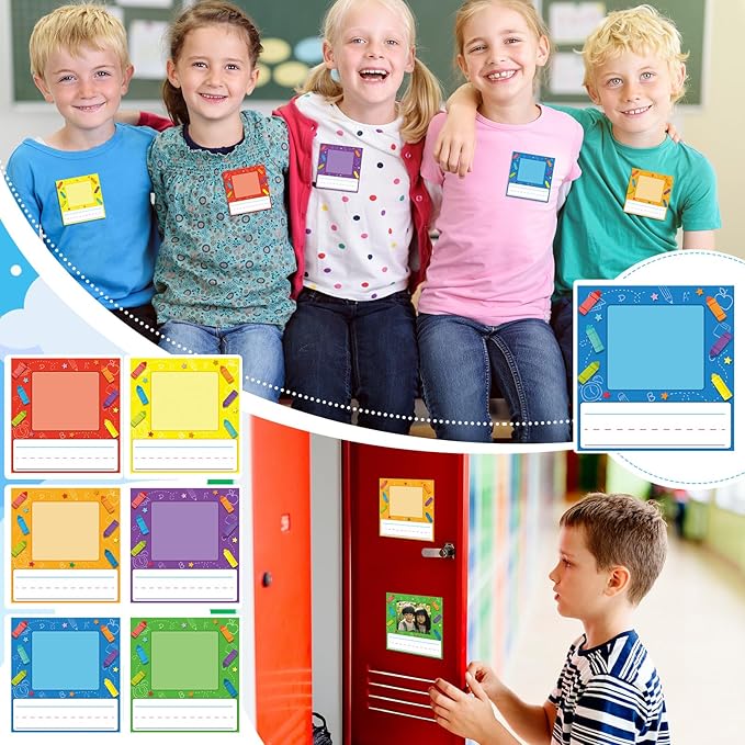 36 Pcs Kids Photo Nameplates for Desk Kids Name Tags Labels Stickers with Photo Space Self-Adhesive Labels Bulletin Board Colorful Classroom Decoration for Desk Bins Cubbies Office (Crayon)