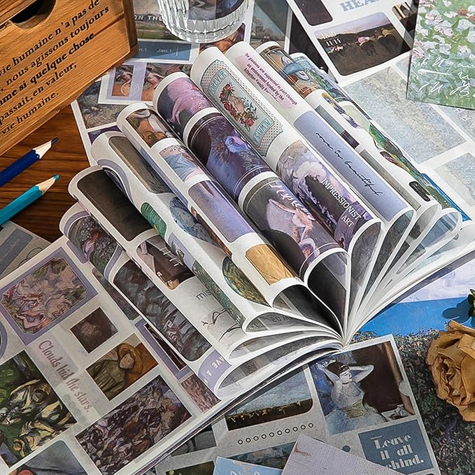 Vintage Scrapbook Stickers, 50 Sheets Aesthetic Oil Painting Sticker Book for Adults with 450pcs Washi Stickers and 20 Sheets Scrapbook Paper Ephemera Sticker Book for Junk Journal Journaling Supplies
