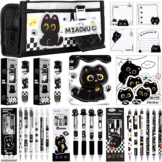 Black Cute Cat Stationery Set Cat School Supplies Including Sticky Notes,Mechanical Pencils,Eraser,Notebook,Stickers etc Kawaii Birthday Christmas Gifts Classroom Rewards (Black Cute cat)