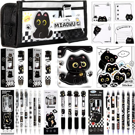 Black Cute Cat Stationery Set Cat School Supplies Including Sticky Notes,Mechanical Pencils,Eraser,Notebook,Stickers etc Kawaii Birthday Christmas Gifts Classroom Rewards (Black Cute cat)