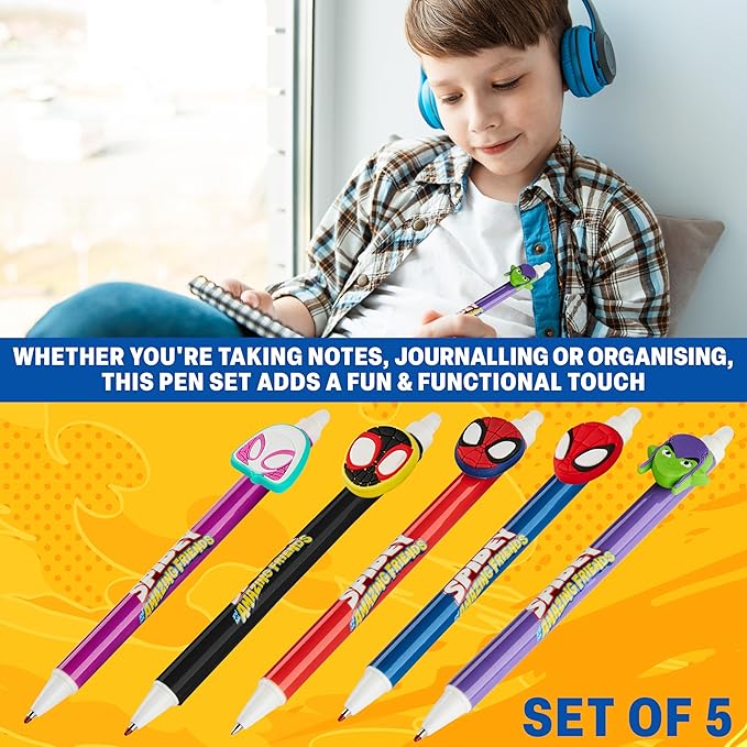 Get Trend Marvel Spidey 5pcs Erasable Gel Ink Pens Cute Writing Pens for Kids Fun Stationery Set Kawaii Journaling Supplies Gift Set Cool Pen Gifts for Kids (Spidey)