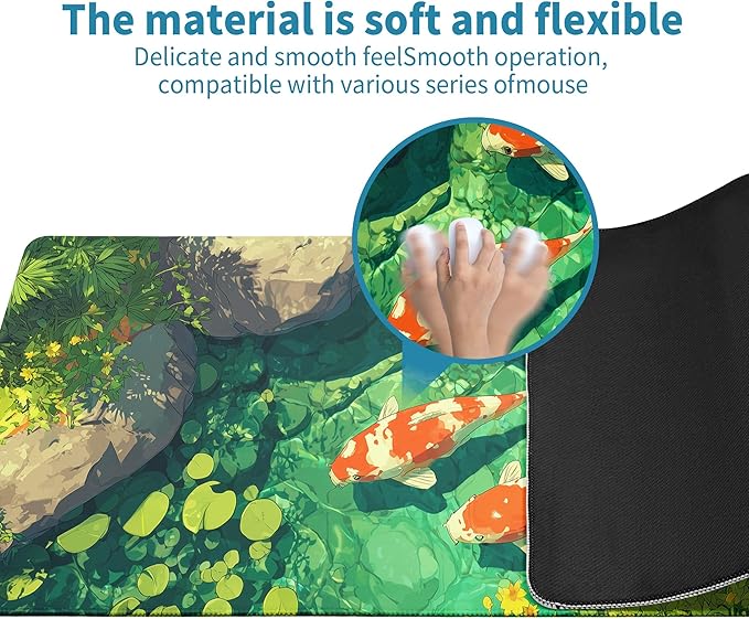Fish Art Mouse Pad Green Desk Mat XL Mouse Gaming Pads, Fish Keyboard Pads Extra Large Desktop Computer Mats with Non-Slip Base & Stitched Edges, Vintage Office Decor 31.5x11.8