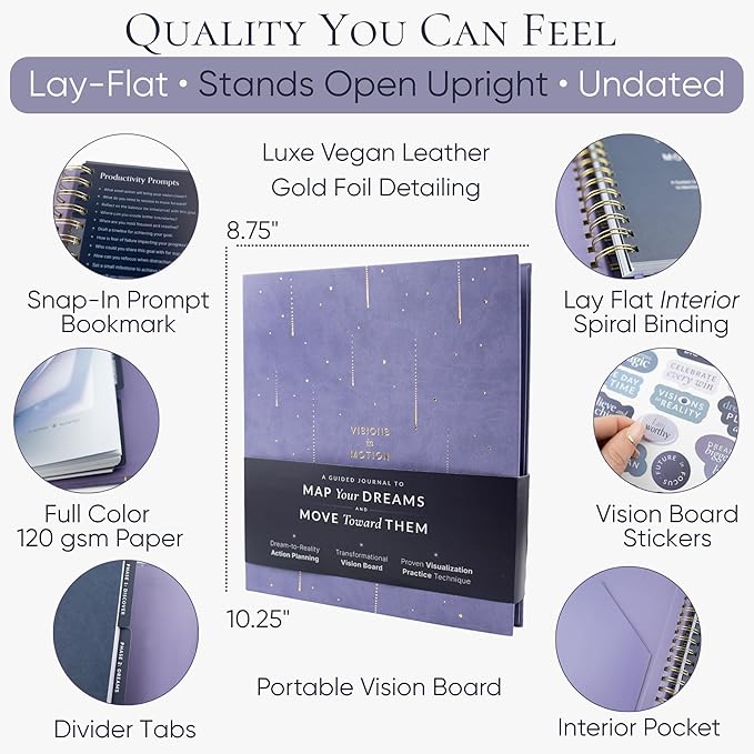 Manifestation Journal & Vision Board Kit Guided Journal | Self Improvement & Goal Planner with Habit Tracker for Self Care | Undated Vegan Leather Hardcover | Visions in Motion Portable Vision Board (Purple)
