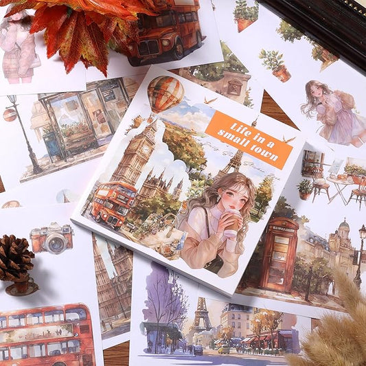 50 Sheets Vintage Aesthetic Scrapbook Stickers 200 Pre-Cut Washi Stickers People Girl Sticker City Landscape Sticker Scrapbooking Supplies