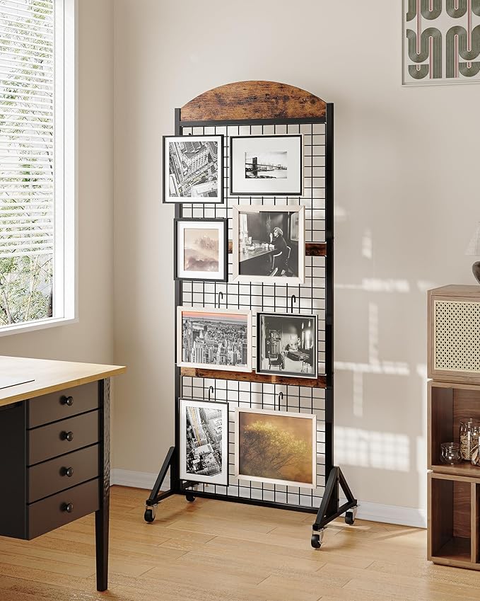 Grid Wall Panel 5.7' x 2' FT Grid Display Rack, 2 Pack Movable Gridwall Display Stand with 8 S-Shaped Hooks and 8 Garment Hooks, Floorstanding Wire Grid Rack, Rustic Brown and Black TCJ17P2BF