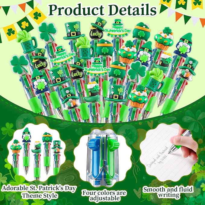 CZWZ 30Pcs Mini Multicolor Pens in One 4-in-1 Cute Pens Bulk, Ballpoint Pen for Birthdays and Parties, Fun Gifts Assorted Ink Kawaii Pen(St Patricks Day)