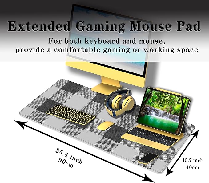 Office Desk Mats Black and White Pad Buffalo Plaid for Table Gaming Mouse Pad Extra Large Mouse Pads Full Desk Mousepad Non-Slip Rubber Base 35.4" X 15.7" for Game Office, Buffalo Plaids