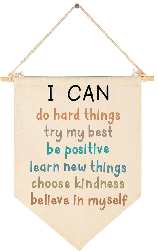 Canvas Banner Flag Sign Pennant Poster Wall Decor Gifts for Nursery Classroom Kindergarten Preschool Bedroom Reading Room Playroom Door Baby Room Teacher Office-Christmas Gift-I Can Do Hard Things
