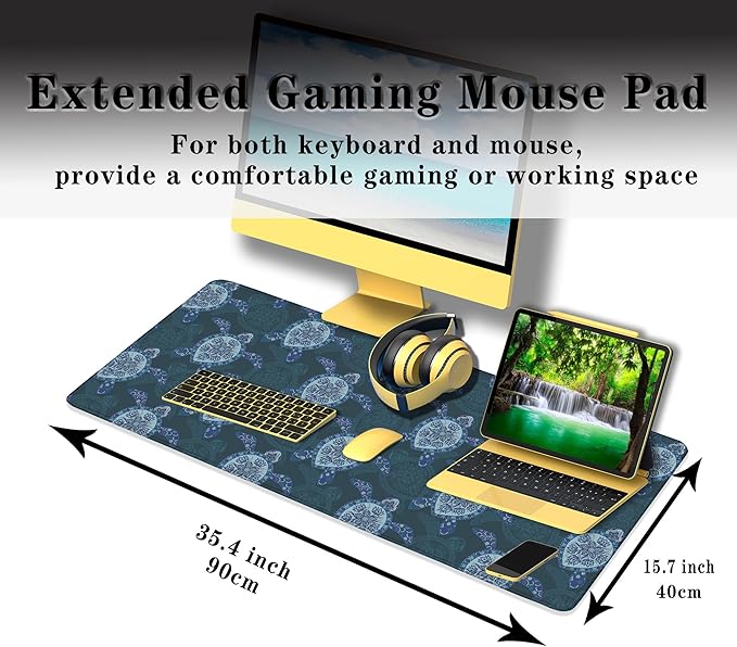 Computer Desk Mat Blue Mats, Gaming Mouse Pads Big Mouse Pad, Desk Pads Large Non-Slip Rubber Base Waterproof with Stitched Edges, 35.4 X 15.7 inch for Work/Game/Office/Home Turtle Pattern